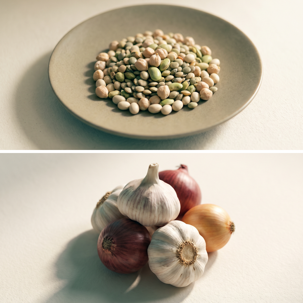 Hülsenfrüchte auf einem Teller, darunter Knoblauch und Zwiebeln